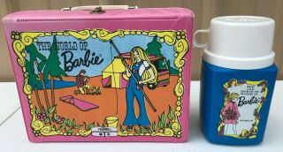 1972 Vintage " The World Of Barbie " Pink Vinyl Lunchbox & Plastic Thermos