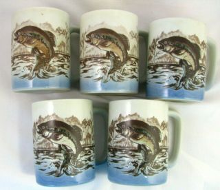 5 Vintage Otagiri Otagari Bass Fish Coffee Mug Japan Hand Painted Embossed Cup