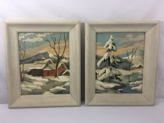 Vtg Framed Paint By Numbers Winter Farm Scene 11 " Wide X 13 " High