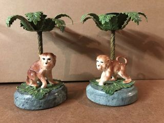 Vintage Petites Choses Porcelain Monkey On Marble Palm Tree Candle Holders