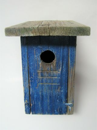 Vintage Hand Made Rustic Blue Wood Bird House Wooden Birdhouse