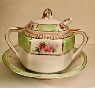Vintage Nippon Shabby Green Cabbage Rose Hand - Painted Gold Etch Sugar Bowl Dish