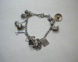 Vintage Charm Bracelet/most Marked Sterling/13 Charms/6 3/4 " Long/moveable Parts