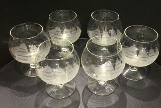 Vintage Brandy Wine Glasses Etched Clipper Ship Set Of 6 Nautical