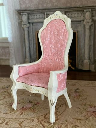 Vintage Miniature Dollhouse 1:12 Painted Wood Pink Silk Tufted Parlor Chair B