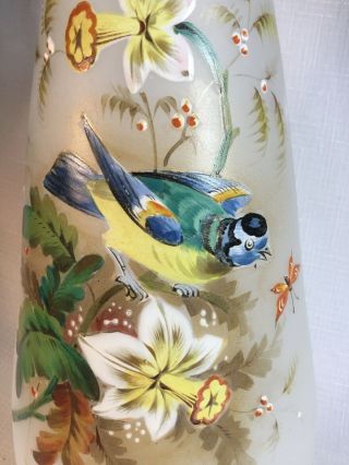 11” Vintage Hand Blown Hand Painted Bird Butterfly Daffodil Flowers Bristol Vase