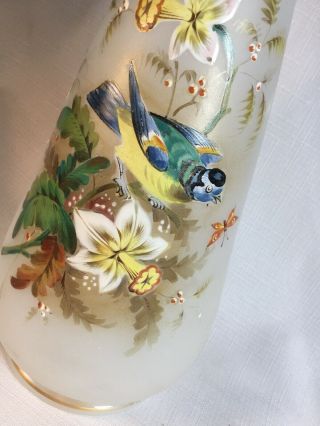 11” Vintage Hand Blown Hand Painted Bird Butterfly Daffodil Flowers Bristol Vase 3