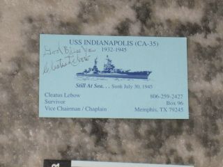 Uss Indianapolis Survivor Cleatus Lebow Signed Business Card Autograph