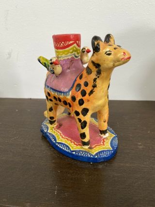 Vintage Mexican Folk Art Hyena Candle Holder Pottery Mexico Animal Tree Of Life