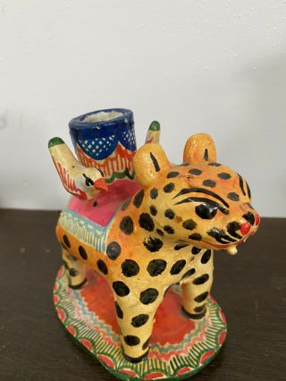 Vintage Mexican Folk Art Cheetah Candle Holder Pottery Animal Tree Of Life