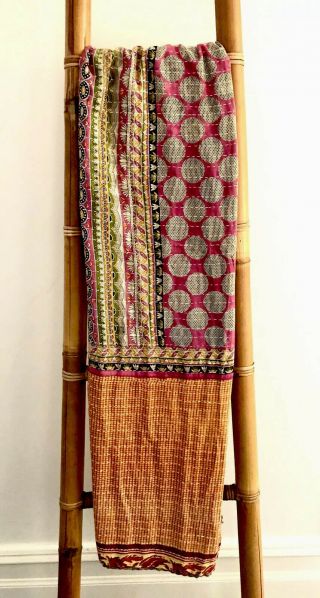 Vintage Kantha Quilt Handmade Reversible Blanket Bedspread