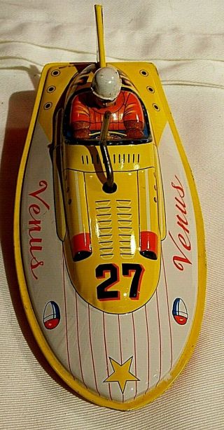 Tin Friction Speed Boat Toy Vintage " Venus " 27 Rare Yellow Japan
