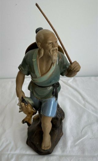 Chinese Mudman Vintage Figurine.  Shewan Fisherman With Pole & Catch.  21cms