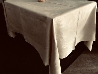 Vintage French Pure Linen Damask Tablecloth