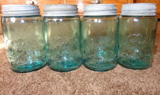 4 Old Vintage Wavy Blue Glass Ball Mason Pint Canning Jars Zinc Zink Metal Lids