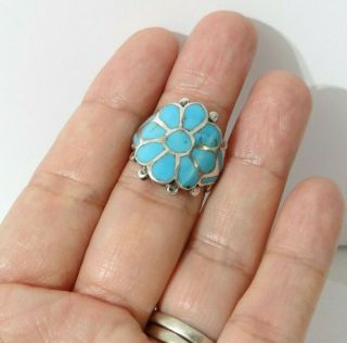 Vintage Zuni Marked Sterling Silver Inlay Turquoise Stone Flower Ring Size 6.  5