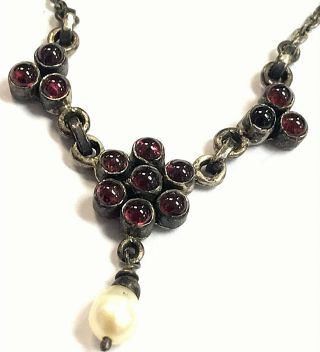 Vintage Sterling Silver Garnet & Pearl Small Dangle Necklace