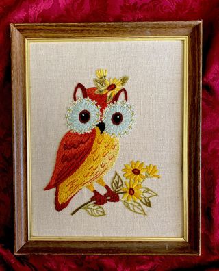 Vintage - Finished Cross - Stitch Owl - Wood Framed Wall Art - Hand Made - 13” X 16”