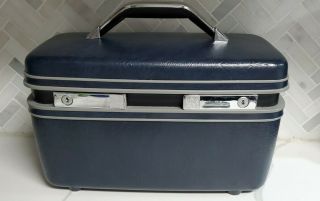 Vintage Samsonite Silhouette Train Case Luggage Navy Blue Mirror & Tray No Keys