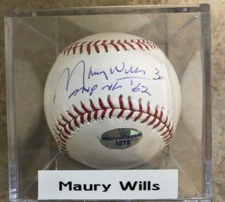 Maury Wills Autographed Romlb Baseball Signed Dodgers Uv Cube Mvp Inscription