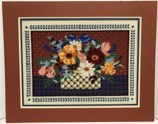 Vintage Large Completed Finished Cross Stitch Needle Craft Flowers Basket