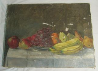 Vintage Primitive Oil Painting On Canvas - - Still Life,  Bowl Of Fruit
