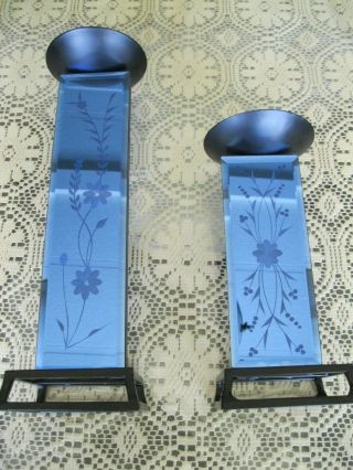 Vintage Deco Retro.  Blue Glass Mirror.  Floral Leaf Design.  Candle Holders = 2