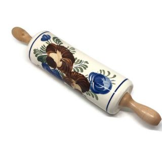 Vintage Hand Painted Ceramic Rolling Pin Flowers Porcelain Wooden Handles 13.  5 "