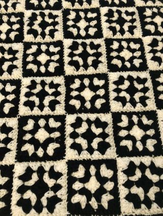 Vintage Black & White Handmade Crochet Granny Square Afghan Throw Blanket Cute