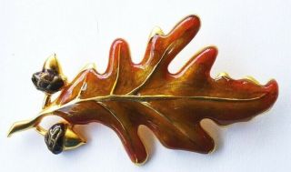 Large Vintage Enameled Autumn Golden Oak Leaf And Acorn Brooch Pin Signed Tc