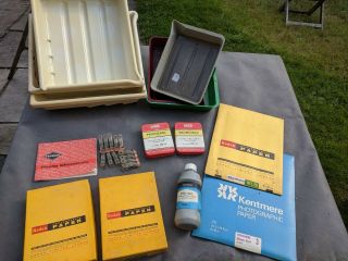 Vintage Photographic Developing Equipment And Paper - Trays,  Chemicals,  Pegs Etc