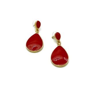 Vtg Kenneth J Lane Gold Plated Scarlet Red Enamel Gold Tone Teardrop Earrings