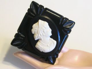 Vintage Carved Black Bakelite Square Shaped Large Chunky White Cameo Pin Brooch