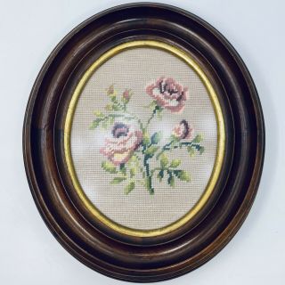 Vtg Roses Needlepoint In Large Oval Dark Wood Frame Finished
