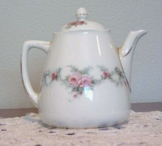 Vintage Hermann Ohme Porcelain Fine Bone China Small Tea Pot Pink Roses Ribbons