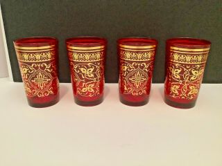 Set Of 4 Vintage Ruby Red 6 Oz.  Tumbler Juice Glasses Gold Ornate Design