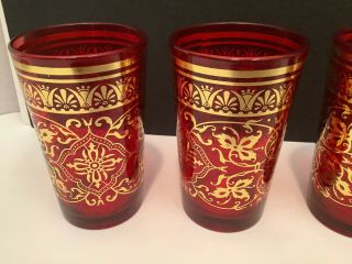 Set of 4 Vintage Ruby Red 6 oz.  Tumbler Juice Glasses Gold Ornate Design 2