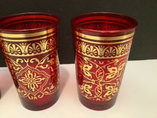 Set of 4 Vintage Ruby Red 6 oz.  Tumbler Juice Glasses Gold Ornate Design 3