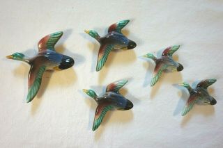 Vintage Ceramic Wall Plaque Mallard Duck Flock Of 5 - Man Cave Hunting Bird Decor