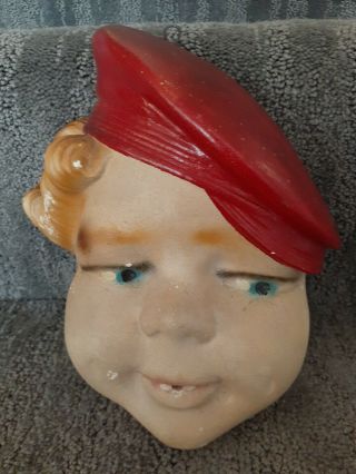 Vintage Kitchen Wall String Yarn Twine Holder Curly Hair Red Hat Blue Eye Child