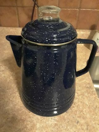 Vintage Blue Speckled Enamel Coffee Pot Glass Percolator Enamelware 10 "