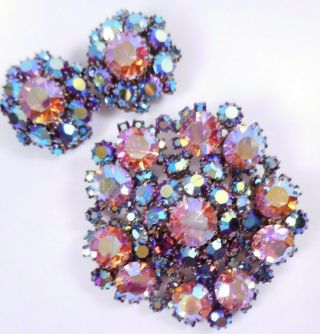 Vtg Juliana Blue & Pink Ab Aurora Borealis Rhinestone Domed Brooch Earrings Set