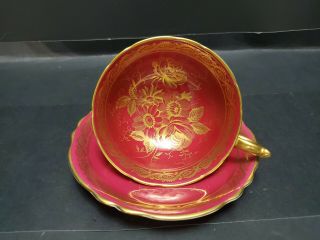 Vintage Paragon Footed Red Cup And Saucer 24 Kt Gold Gilt Filigree And Floral