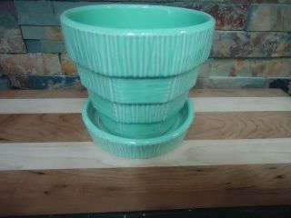 Vintage 1953 Mccoy Pottery - Basket Weave 5 " Aqua Flower Pot - Saucer