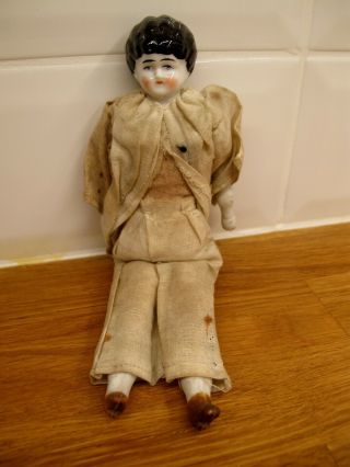 Antique German Glazed China Head Doll With Cloth Body