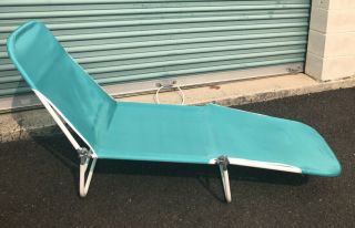 Vintage Folding Metal Lounge Chair Chaise Teal Patio Retro Deck Beach