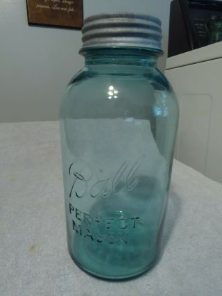 Vintage Lucky 13 Blue Ball Perfect Mason 2 Quart Jar W/ 13 Zinc Lid