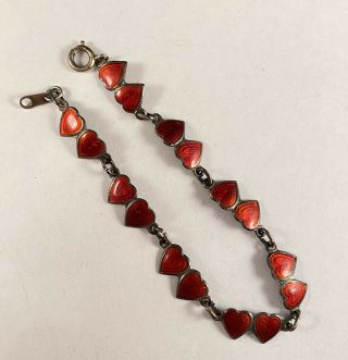 Fun Vintage Sterling Silver 925 Red Enamel Double Heart Bracelet 7.  5”in :) 2