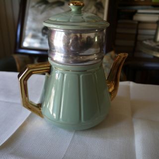 Cafetière En Faïence Vert Céladon Et Or,  Années 50 - 60,  Vintage French Coffee Pot