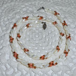 Vtg Japan Mop Mother Of Pearl Angel Skin Coral & Gold - Tone Bead Necklace N19